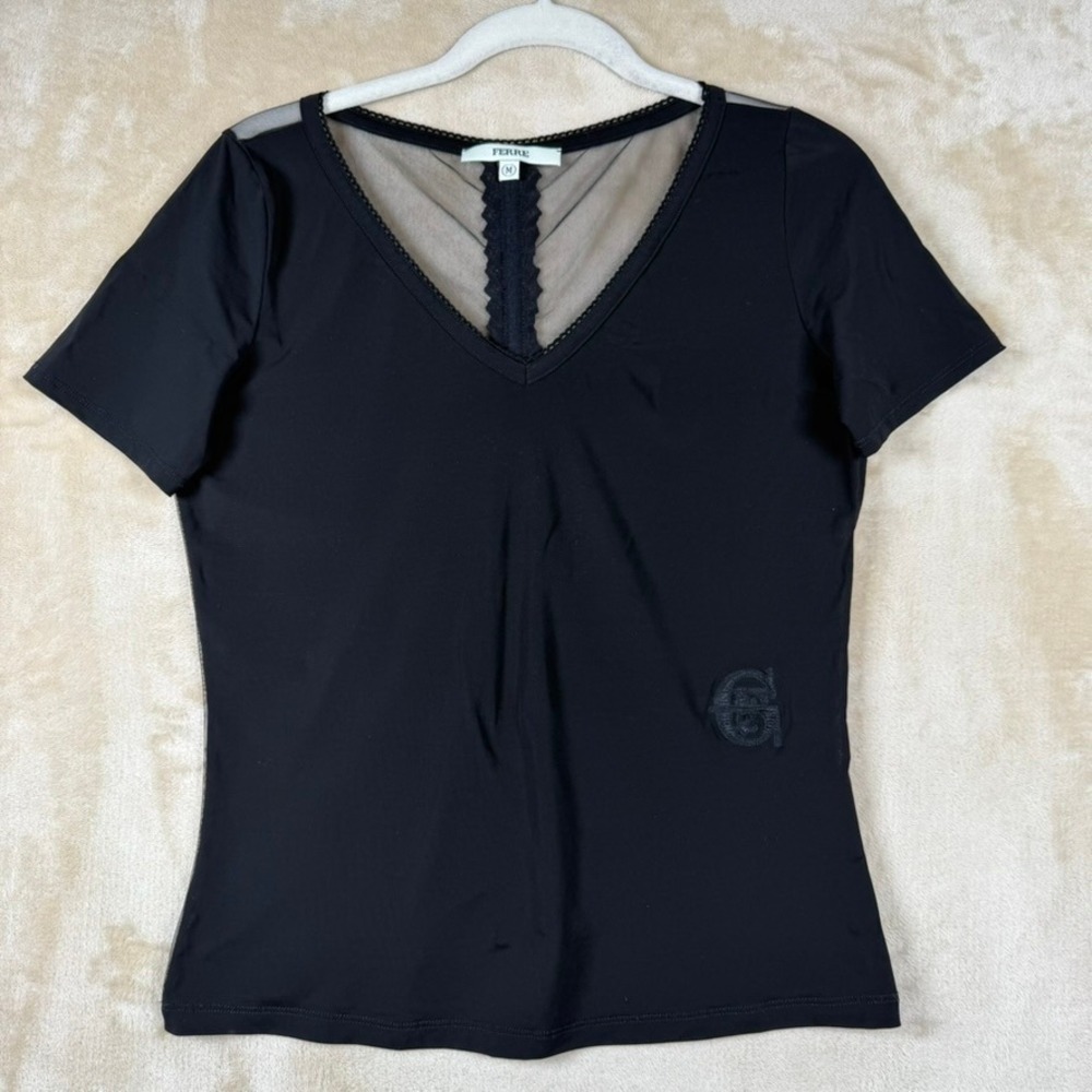 Gianfranco Ferre Womens Med Black V-Neck Mesh Lace Back Short Sleeve Top Italy